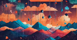 a painting depicting mountains and a sky,an abstract landscape with clouds and mountains