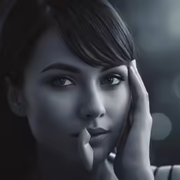 the face of a young woman in the spotlight of the light, with dark lighting and boke of circles around her