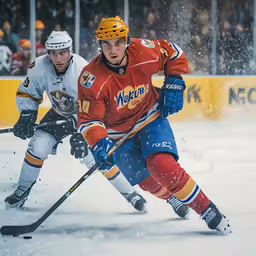 a couple of men playing a game of ice hockey