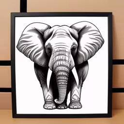 a framed print of an elephant on the wall,black and white painting of an elephant on a wood panel