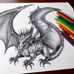 a dragon drawn in charcoal with pencils