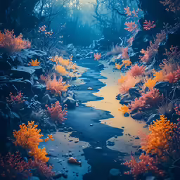 an image of a stream running through some bushes and trees