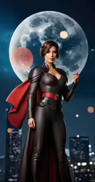 a woman wearing black clothes is standing in front of the full moon