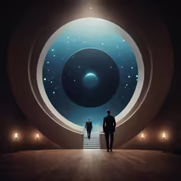 a couple of people in a very big building