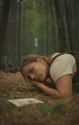 young girl laying on the ground looking sad