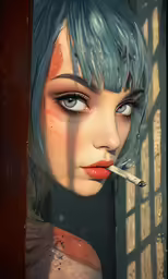 a drawing of a girl with a cigarette in her mouth
