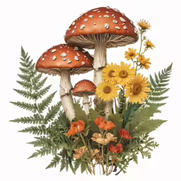 some mushrooms are on the same side of a vase with flowers
