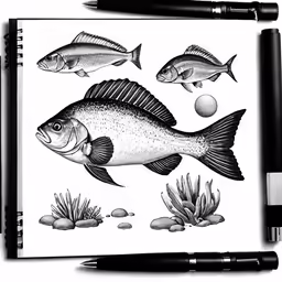 pencil drawing of fish and pebbles in black ink