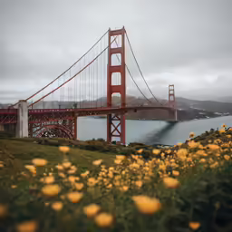 a view of the golden gate bridge with yellow flowers on a cloudy day