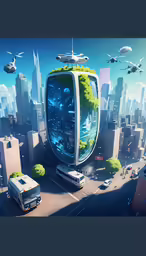 futuristic city scene with many cars, bus, and helicopters