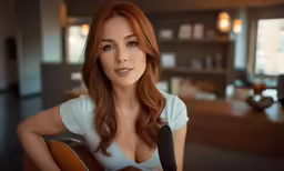 a woman is holding a guitar and smiling