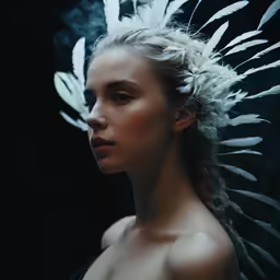 a woman with white feathers on her head