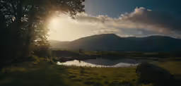 a sunset over a river, trees, and grassy land