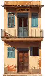 an old building with blue shutters and green windows