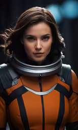 the girl in a spacesuit is looking at something
