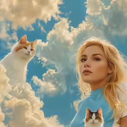 a woman with a cat in front of her