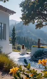 the woman sits at the foot of the cliff