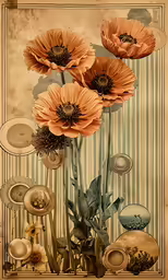 an old painting has orange flowers and things in it