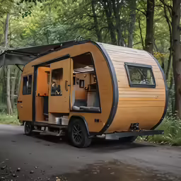 a small camper van in the middle of a wooded area
