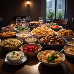 a number of bowls on a table filled with food