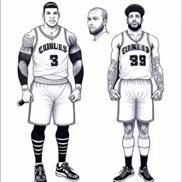 two basketball uniforms, one black and white and the other white and red with the number three,drawing of the los angeles clippers