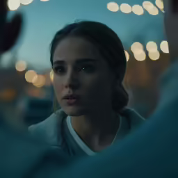 a woman in grey looking into the camera