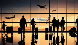 several people are standing in an airport with luggage,the silhouettes of people standing in front of a window at an airport