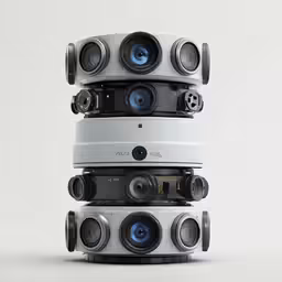 six camera lenses stacked on top of each other