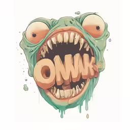 the face of a monster with large teeth that says down