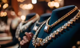 the closeup shot shows a couple of necklaces, an elaborate necklace and a suit