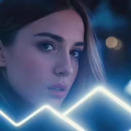 a woman stares into the camera with blue lights behind her