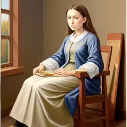 woman with white blouse in brown chair eating