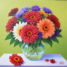 a bunch of colorful flowers in a glass vase