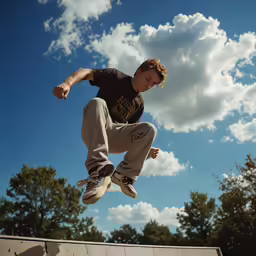 a boy on his skate board jumping over a ramp