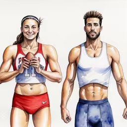 two men with sports clothing and a woman wearing an athletic bra,a painting of a couple holding a football ball,two woman standing next to each other in front of a drawing of a man holding a football,two people are standing with a ball,there are two people in the same picture, one is woman and one has a man holding a football