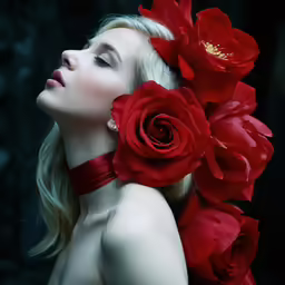 a beautiful woman in red dress with red roses on her head
