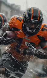 football players run through the snow in the rain