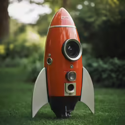 a orange and white rocket ship is in the grass