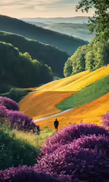 lone man in an open field surrounded by colorful flowers