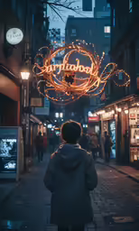 a person walking down a street with lights over their heads