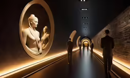 a group of people walking down a hallway in a museum