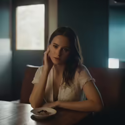 a woman sitting at a table while looking at a plate with food on it