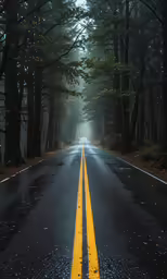 the road is surrounded by tall trees, and yellow painted lines