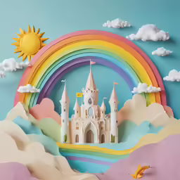 an artwork piece featuring a rainbow, white castle with a sun and clouds