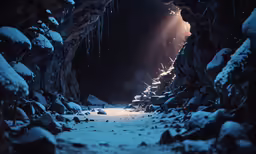 an icy night in a dark cave where rocks are snow covered
