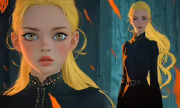 a blonde haired woman wearing a black shirt