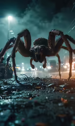 spider walking in the road with a lot of traffic