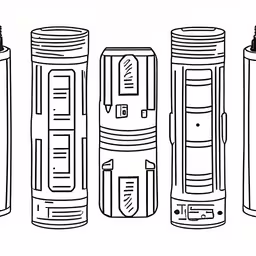 a line drawing of different sized batteries,four different objects drawn in line on a white background,three electric toothbrushes lined up with one is black and white,a black and white photo of four toothbrushes,a line up of lighters from the front and back