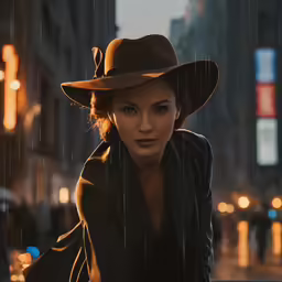 a woman leaning on the edge of a window with rain pouring