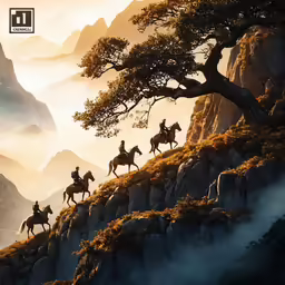 three people ride horses over mountains on a cliff
